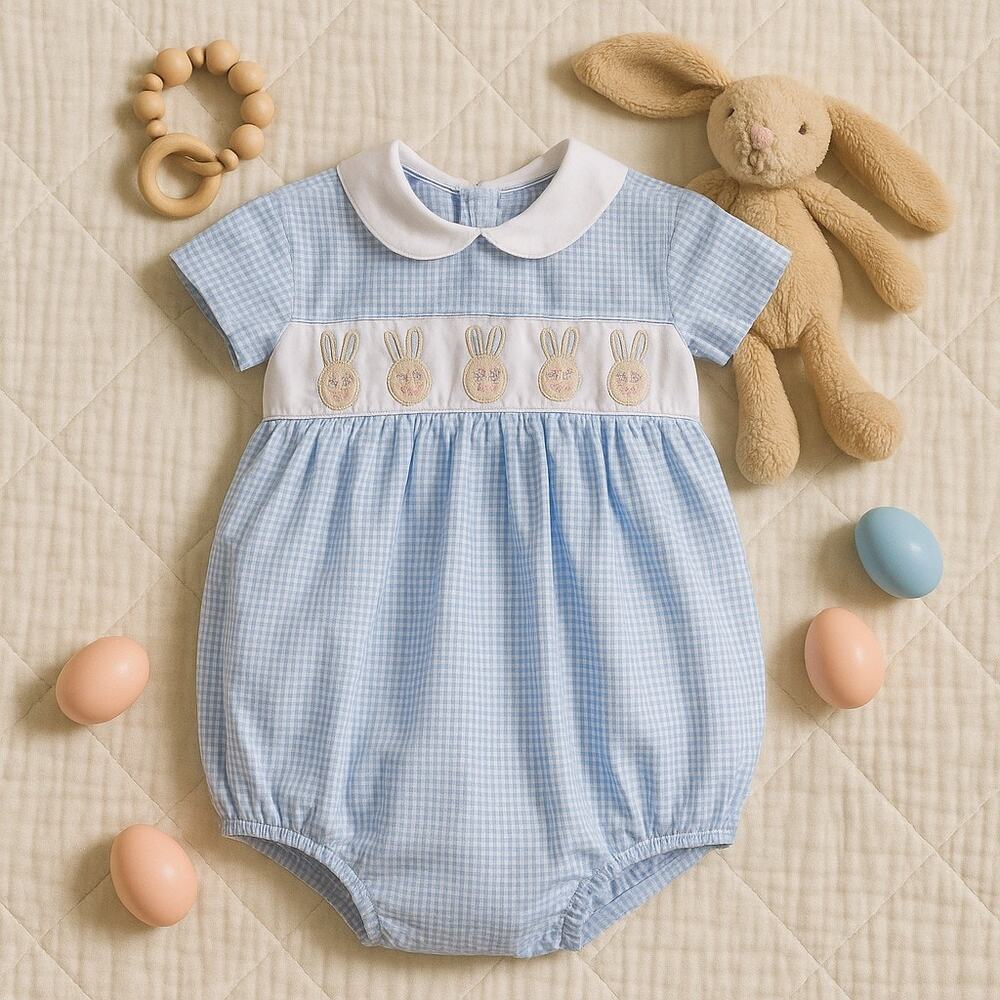 LuLu Bebe Seersucker Easter Bunny Romper Blue Peter Pan Collar Smocked Baby 9M